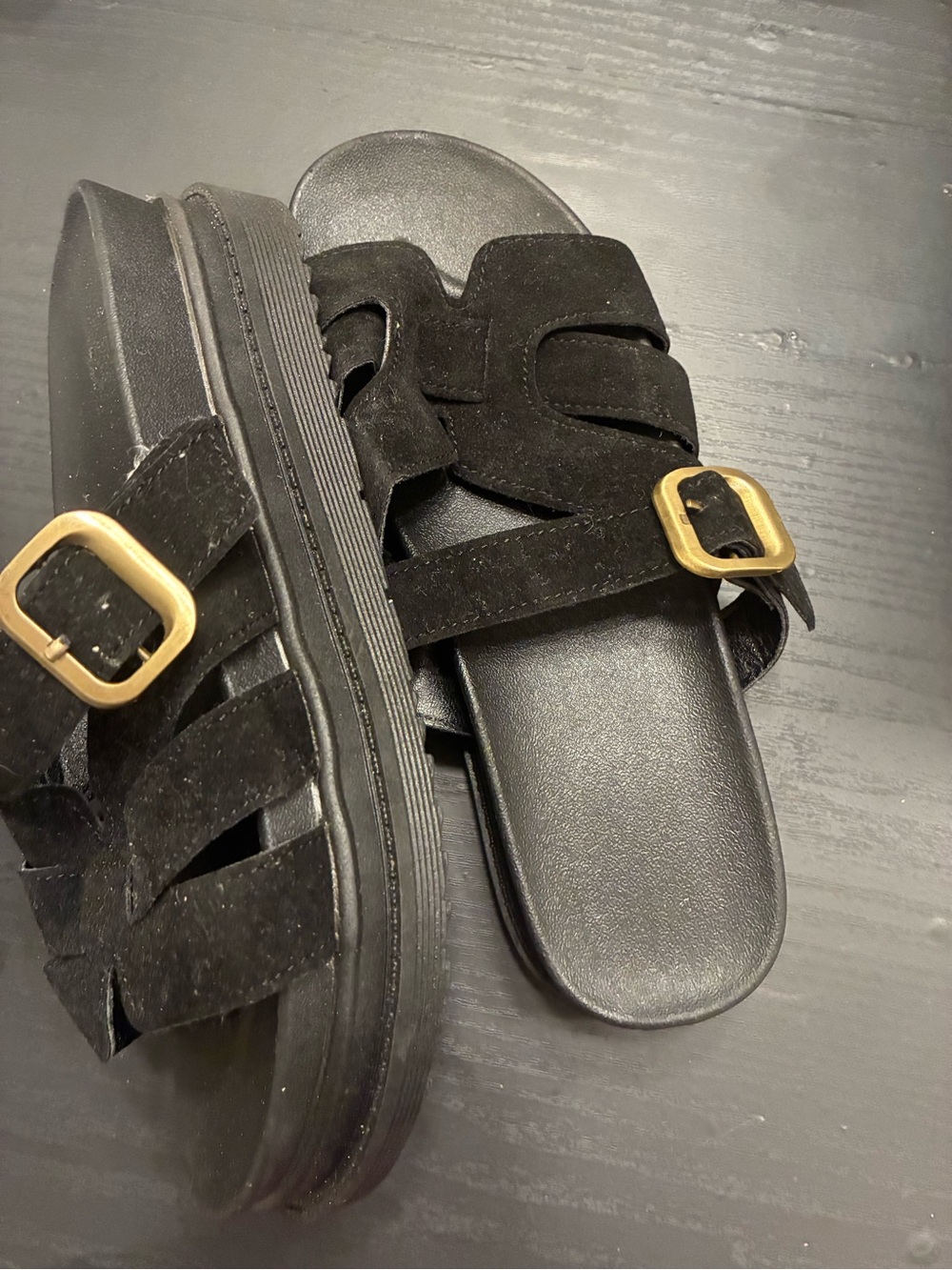 Black Suede Platform Slide Sandals with Gold Buckle